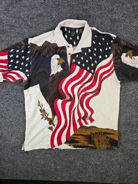 Share Cotton Traders Sport Polo Shirt Mens XL Bald Eagle American Flag All Over